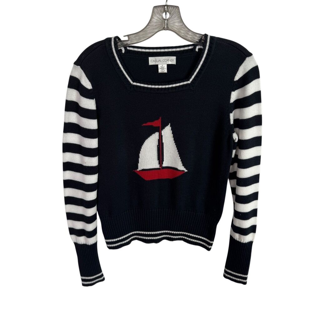 Casual Corner Women's Vintage Sailboat Sweater Size Medium Blue/White